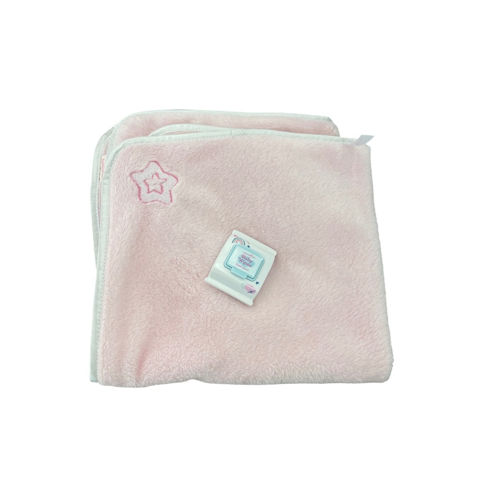 Pink Plush Baby Blanket with Star Embroidery and Fresh Scent Baby Wipes Set I02